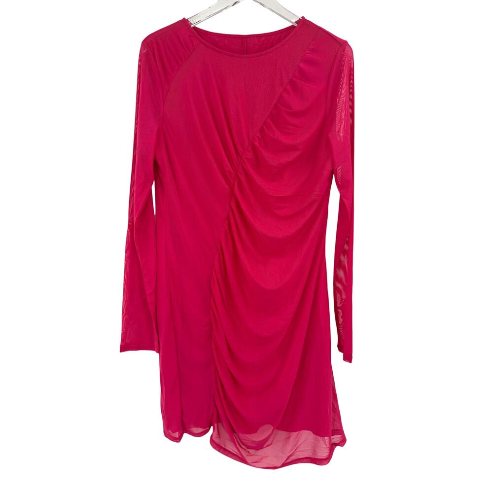 HALARA Dress Size L NEW Fuchsia Pink Mini Long Sleeve Ruched Mesh